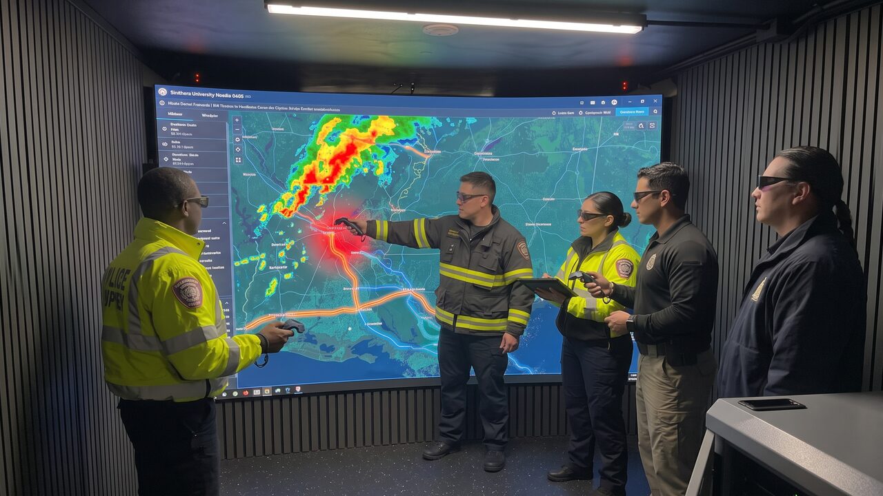 AI-made image of first responders in 3D glasses around a storm map on the CAVE screen
