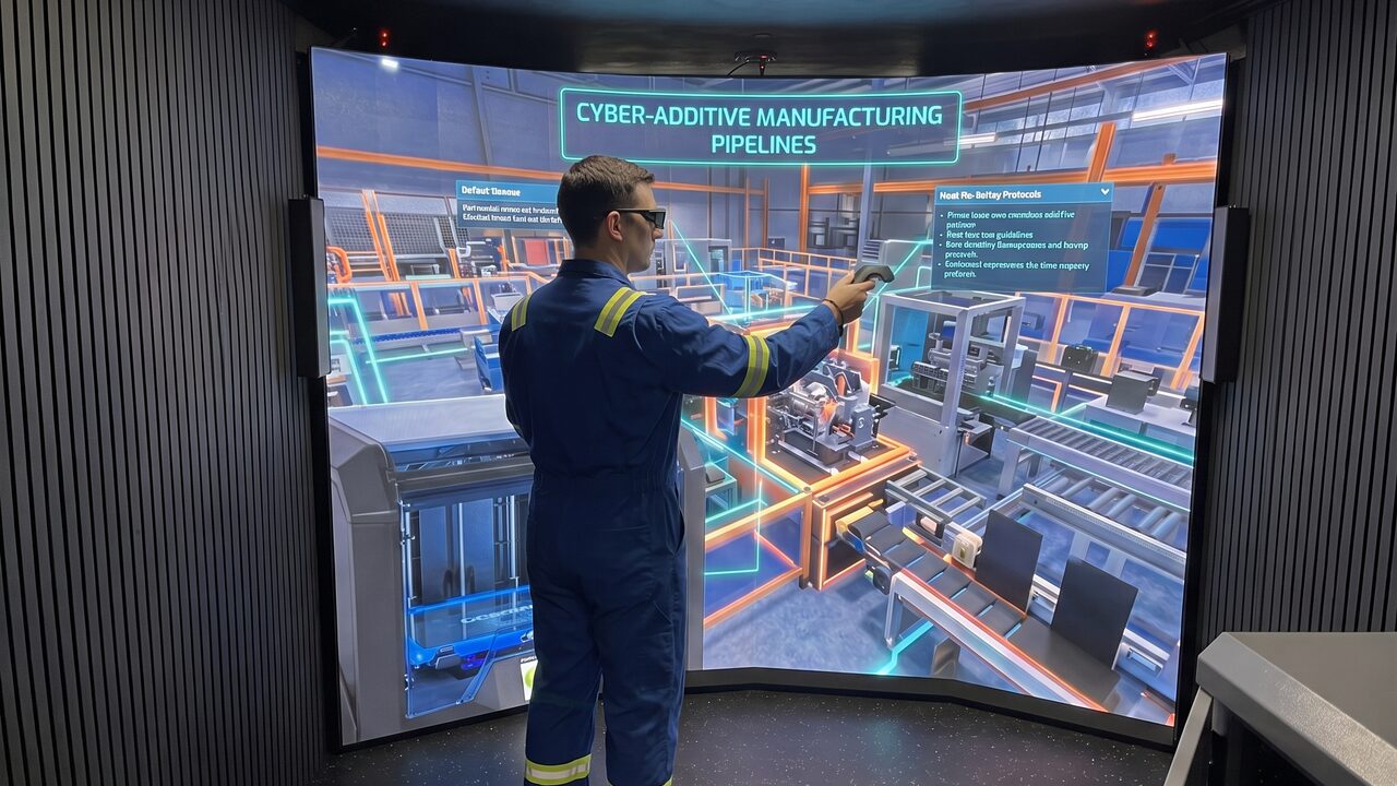 AI-made image of a worker in 3D glasses practicing on a virtual manufacturing line on the CAVE screen