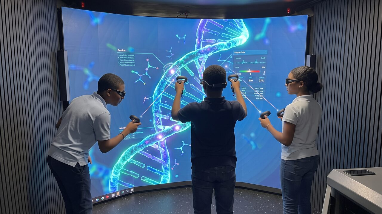 AI-made image of students in 3D glasses studying a DNA model on the CAVE screen