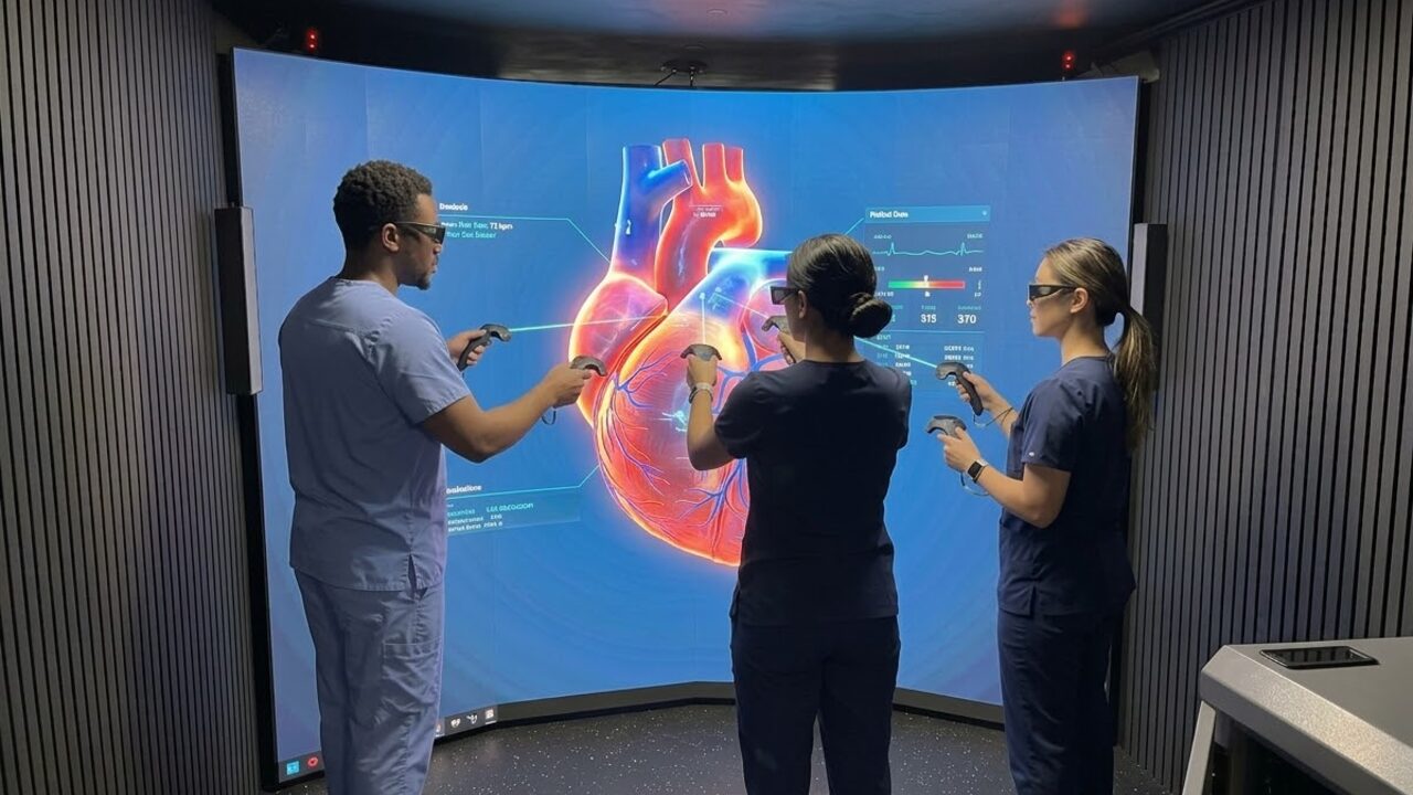 AI-made image of nurses in 3D glasses studying a 3D heart on the CAVE screen