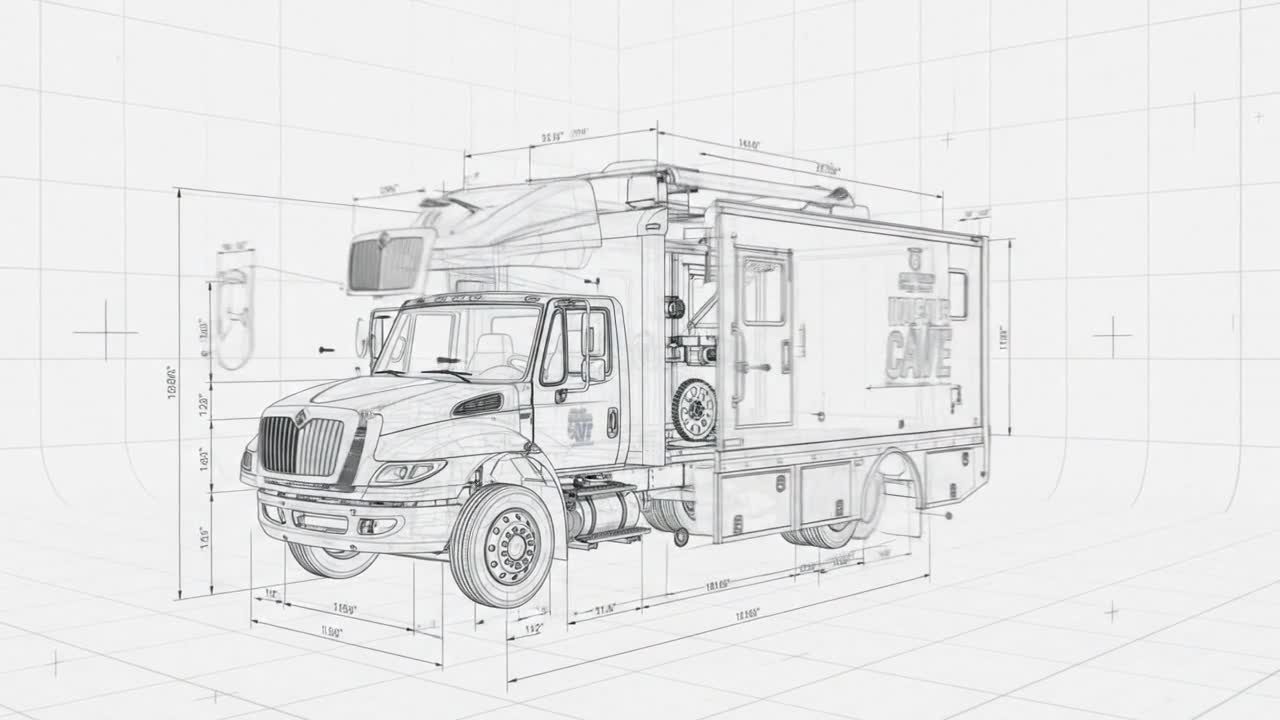 Blueprint drawing of the Mobile CAVE truck starting to open up