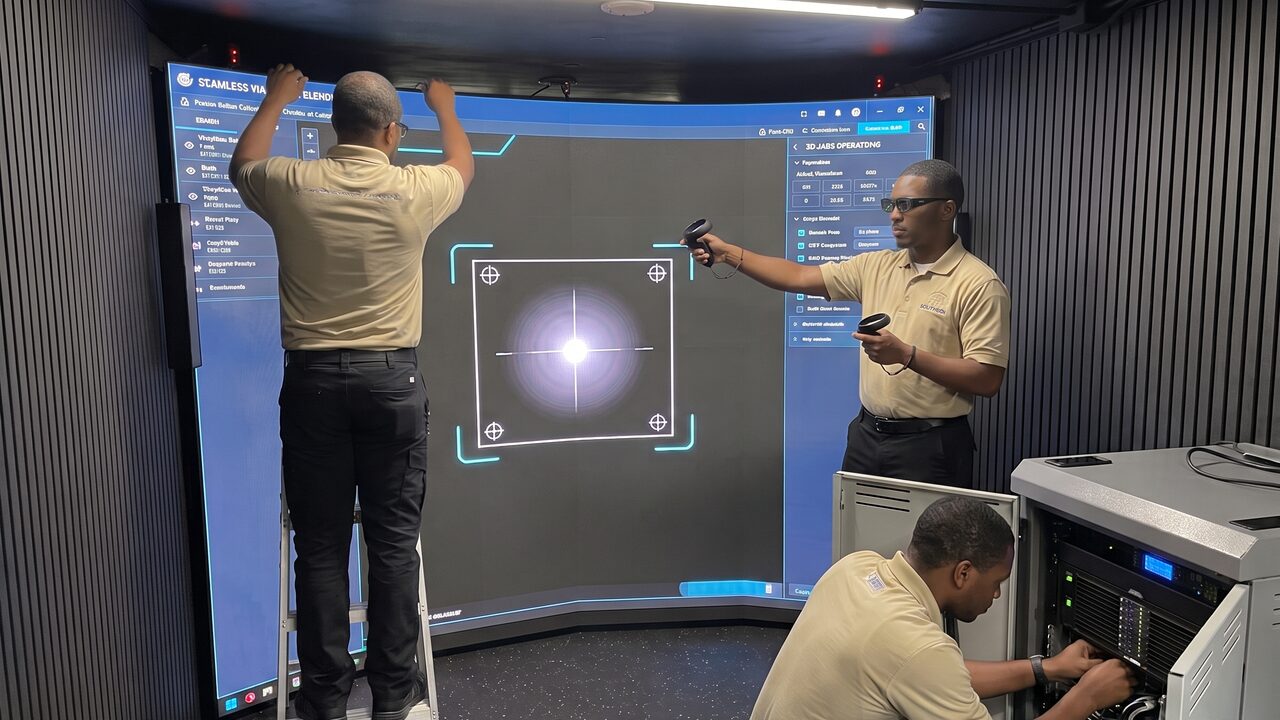 AI-made image of a crew calibrating the CAVE projection and servicing the equipment rack inside the Mobile CAVE