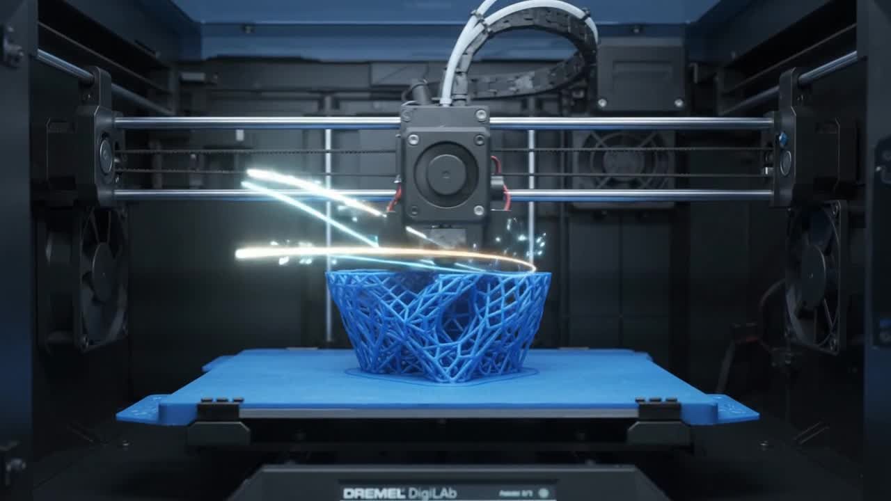 A 3D printer mid-build with light trails around the part (AI-made image)