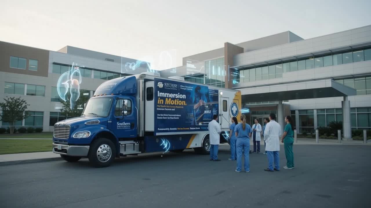 AI-made image of the Mobile CAVE truck parked outside a hospital with staff