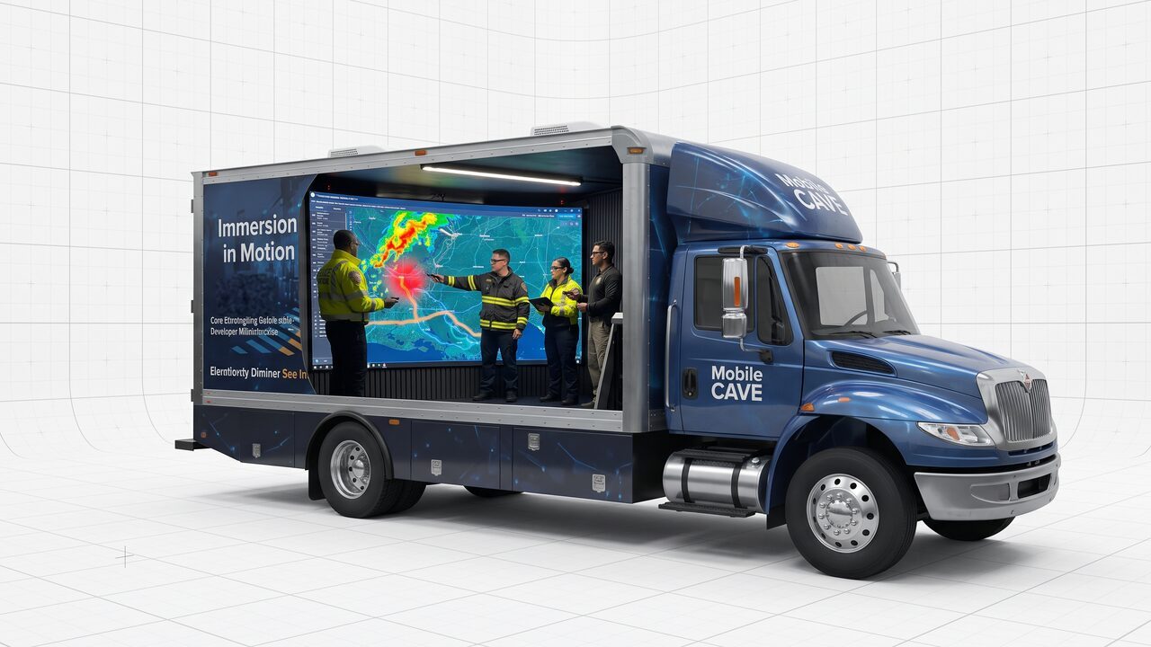 AI-made image of the Mobile CAVE truck with its side open, showing responders inside the CAVE
