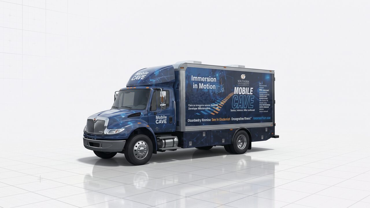 AI-made image of the Mobile CAVE truck with the Immersion in Motion wrap
