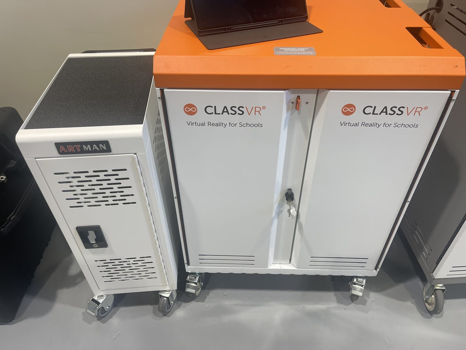 ClassVR headset carts labeled Virtual Reality for Schools