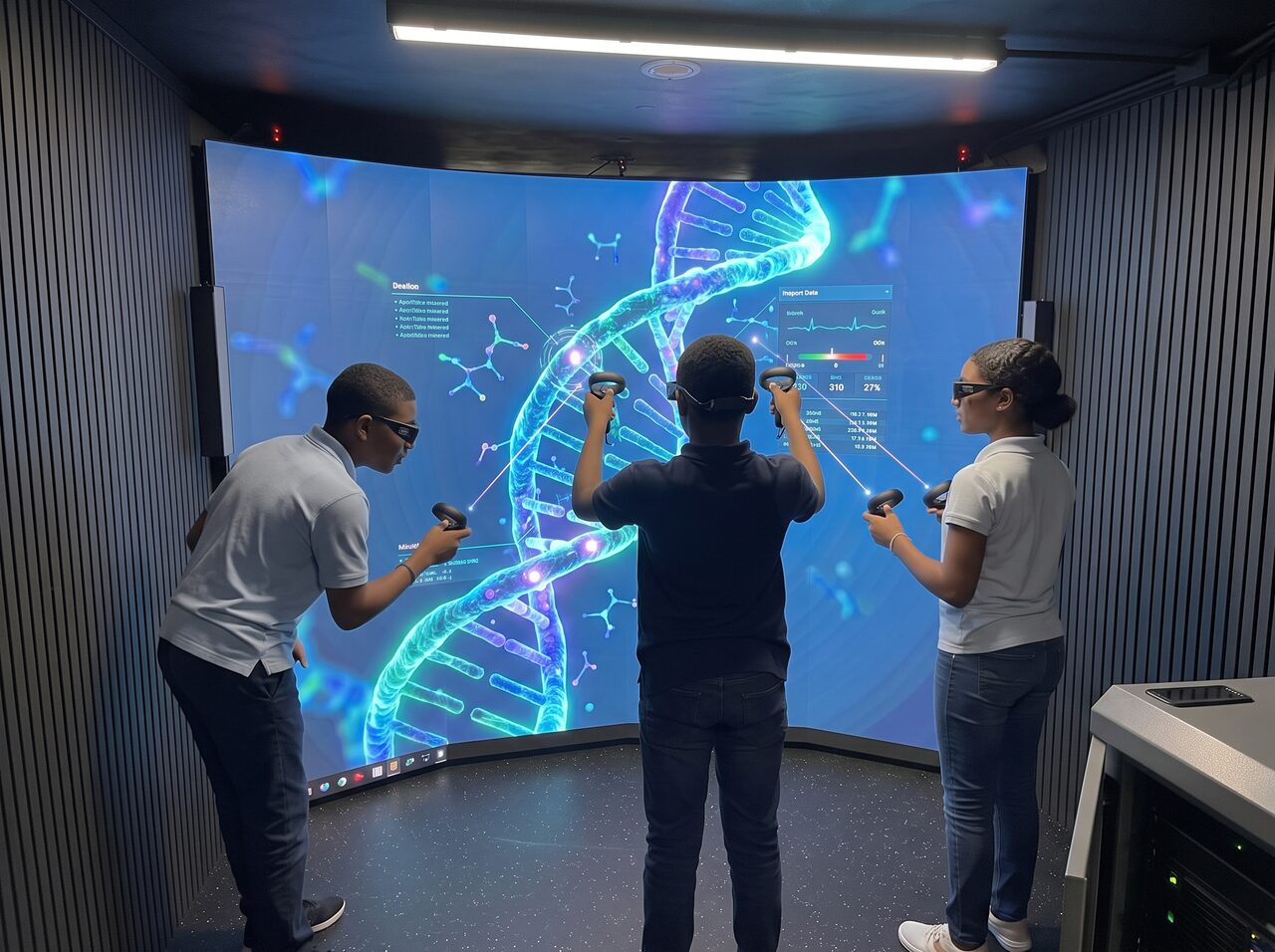 AI-made image of students in 3D glasses in front of a curved CAVE screen showing a DNA model inside the truck