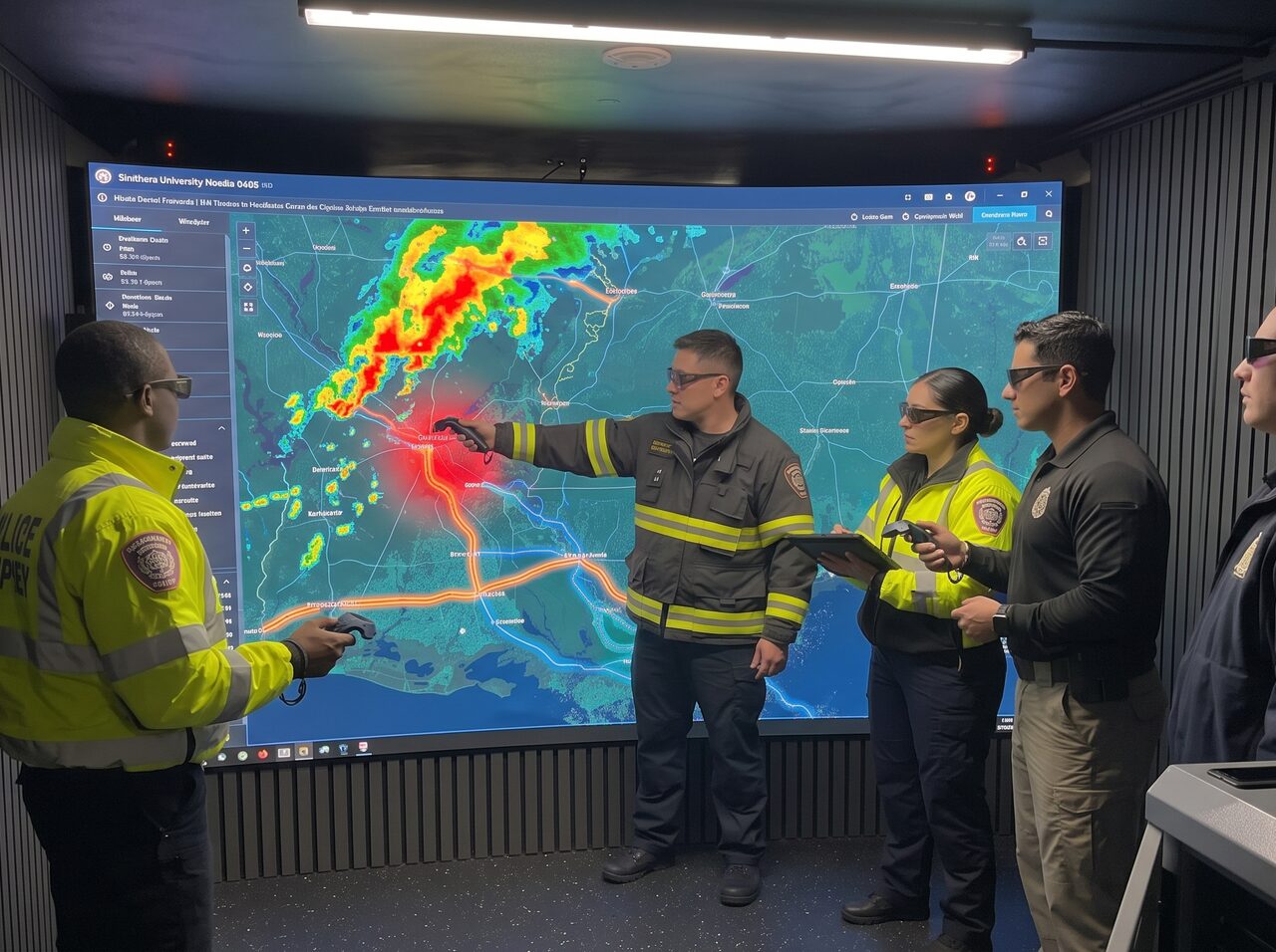 AI-made image of first responders in 3D glasses around a storm map on the CAVE screen