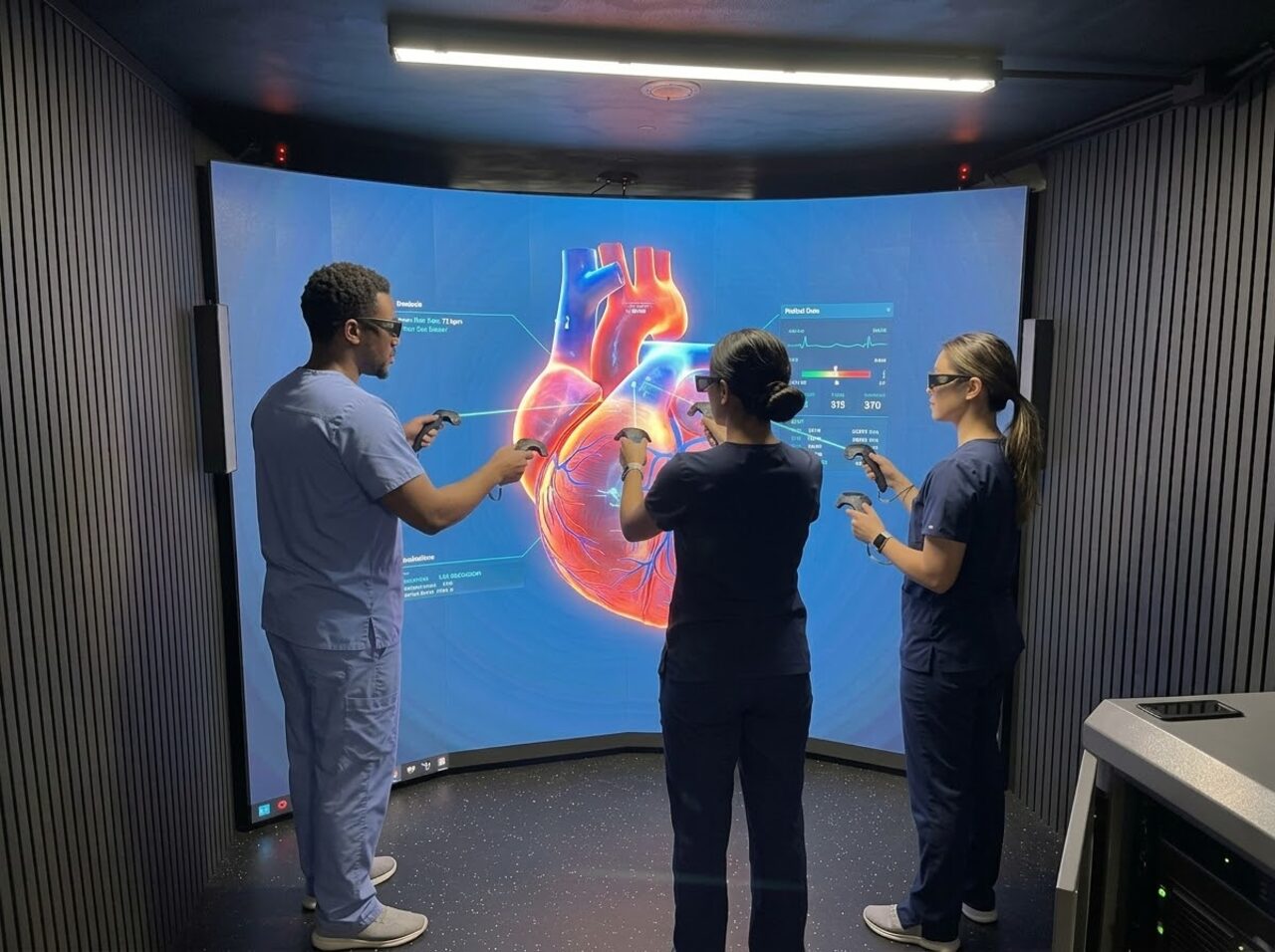 AI-made image of nurses in 3D glasses studying a 3D heart on the CAVE screen