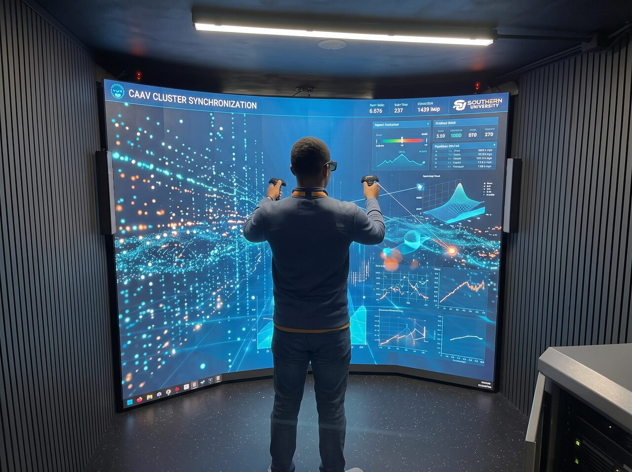 AI-made image of a researcher in 3D glasses in front of a data visualization on the CAVE screen