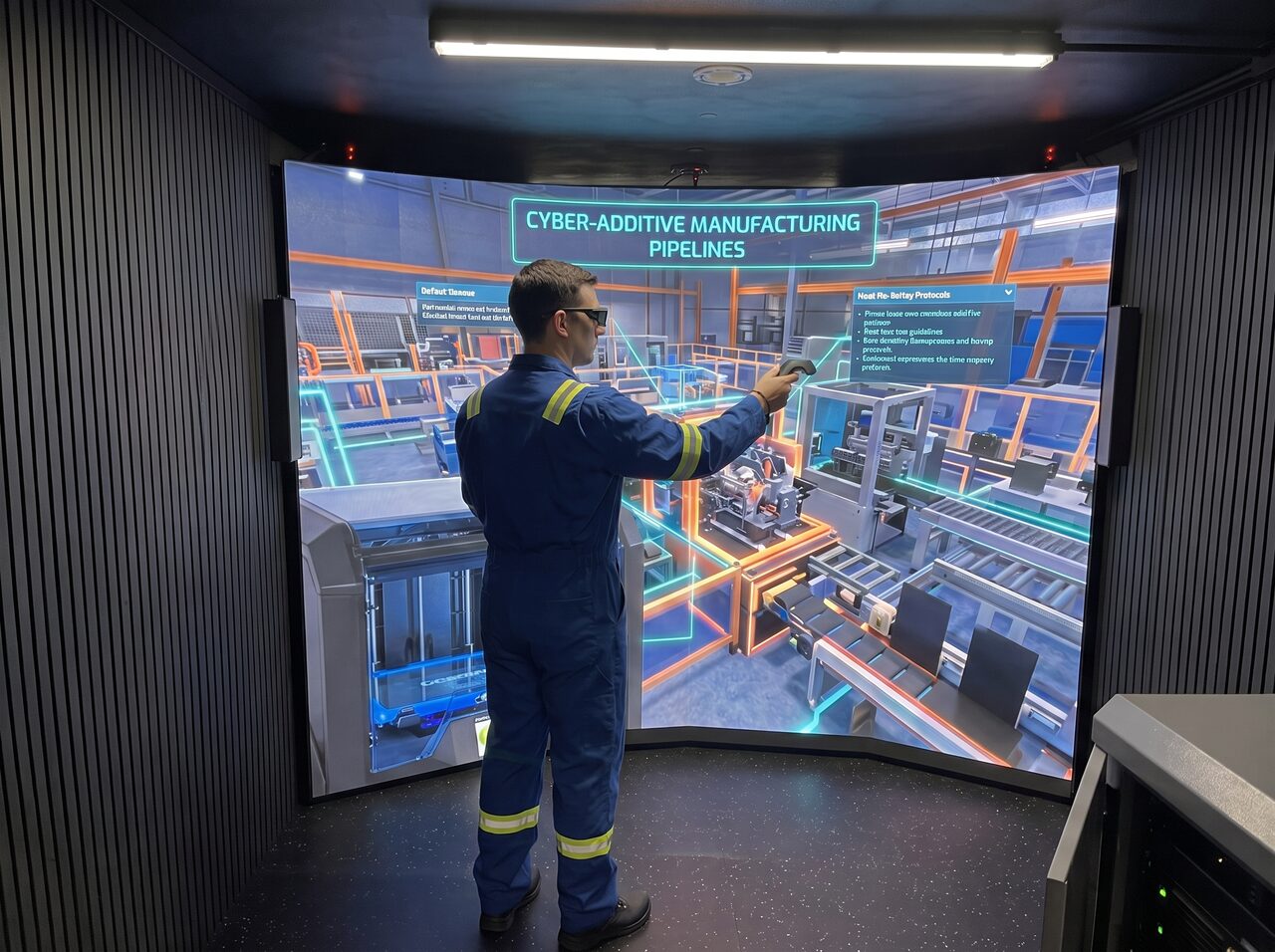 AI-made image of a worker in 3D glasses in a virtual additive manufacturing line on the CAVE screen
