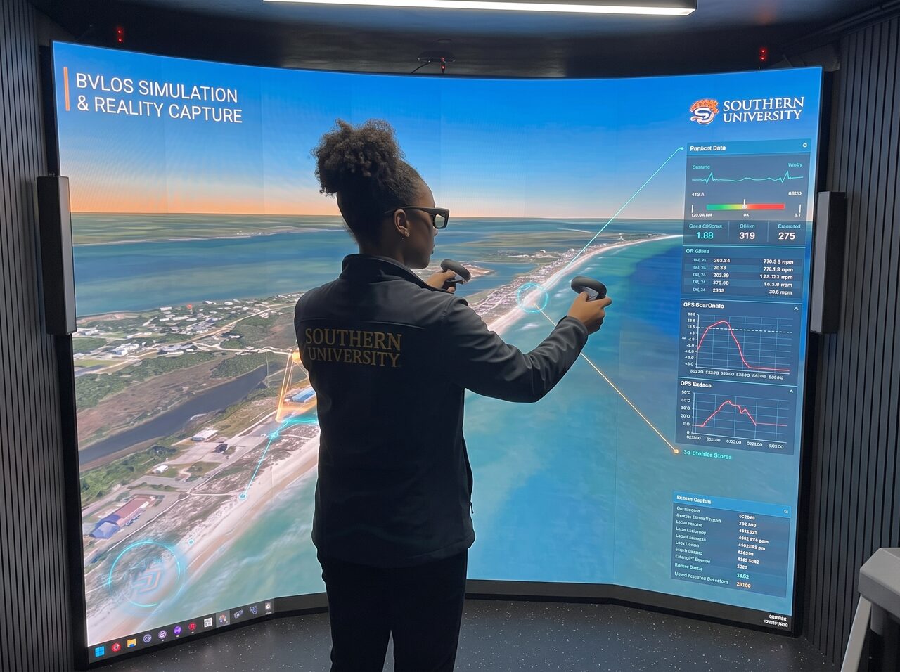 AI-made image of a student in 3D glasses flying a simulated drone over a coastline on the CAVE screen