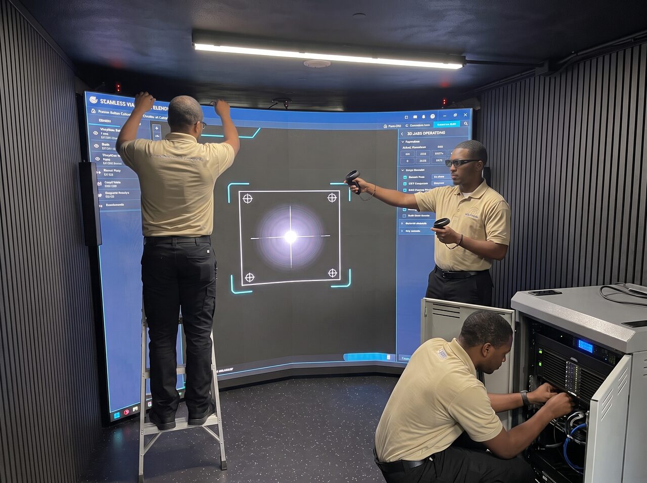 AI-made image of a crew calibrating the CAVE projection and servicing the equipment rack